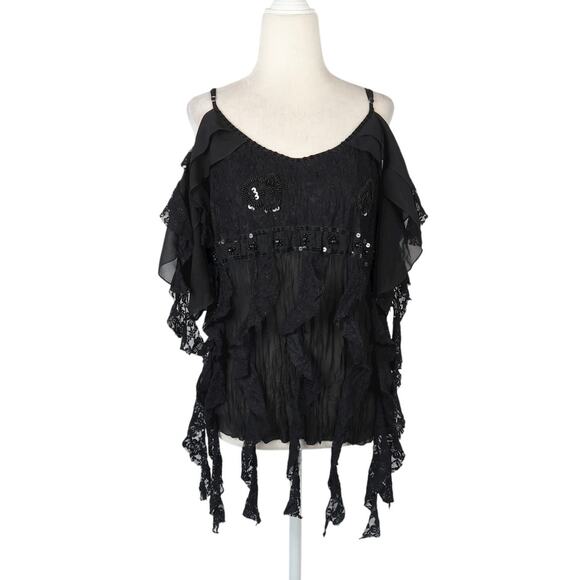 Vintage Y2K Kaelyn Max Black Frilly Lace Fringe Cold Shoulder Top XL - Picture 1 of 8
